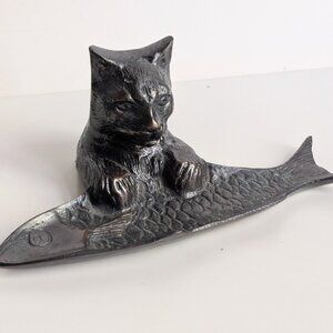 Vintage Cast Metal Cat with Fish Trinket Dish Catchall Dish
